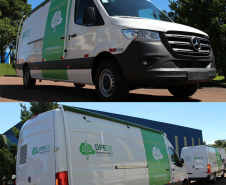 A imagem está dividida em duas partes: a superior mostra a van de frente e a inferior mostra duas vans de trás.