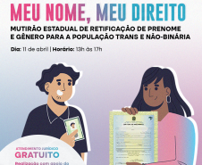 Imagem que, na parte de baixo, do lado esquerdo, mostra o desenho de um homem segurando um RG e, do lado direito, mostra o desenho de uma mulher segurando uma certidão de nascimento. Bem acima na imagem, estão logotipos da Defensoria, dos Ministério dos Direitos Humanos e da Cidadania e do Governo Federal. Abaixo dos logos está escrito Meu Nome, Meu Direito, mutirão de retificação de prenome e gênero para a população trans e não-binária, e, na sequência, as informações de dia e horário dos mutirões.