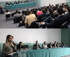 Imagem com uma colagem de duas fotos do encontro de teses. Na primeira, acima, vemos uma imagem do fundo do auditório, onde é possível ver a mesa diretiva do evento e os demais participantes nas cadeiras da plateia.