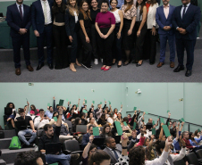 Imagem com a colagem de duas fotos. Na primeira, acima, temos uma foto dos novos defensores que finalziam o curso de formação. Na imagem abaixo, uma foto dos defensores votando para aprovação ou não de uma tese apresentada no evento.
