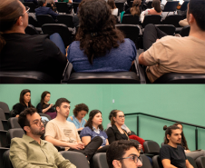Imagem com duas fotos: em ambas, o público participante assiste à palestra do desembargador Marcelo Semer.