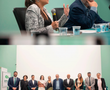 Imagem com duas fotos: acima, o desembargador Marcelo Semer e a defensora pública Gabriela Schirmer; abaixo, representantes da DPE-PR ao lado dos palestrantes.