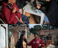 Duas imagens. Na de cima se vê um casal recebendo atendimento no mutirão e na de baixo o casal chegando ao local do atendimento. 