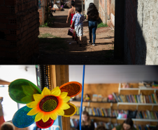 Duas imagens. Na de cima se vê uma mãe com casal de filhos andando pelas vielas da comunidade. Na de baixo uma flor feita de itens reciclados em primeiro plano e ao fundo a população recebendo atendimento no mutirão. 