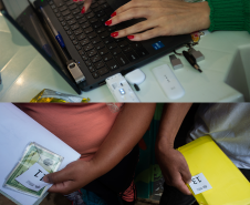 Duas imagens. Na de cima de vê detalhe das mãos da servidora da Defensoria digitando no computador. Na imagem de baixo se vê as mãos das pessoas segurando as senhas de atendimento e seus documentos.  