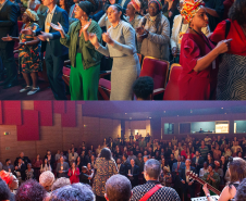 Duas imagens sobrepostas. Na de cima o público dança durante apresentação cultural no evento. Na imagem de baixo se vê os cantores e músicos da apresentação. 
