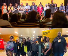 Duas imagens coloridas sobre postas. Na de cima se vê as autoridades no palco durante o evento. Na de baixo se vê Servidores e Defensores Públicos da DPE-PR presentes no evento. 