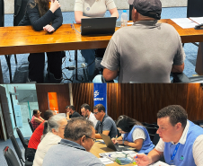 Imagem em formato de colagem entre duas fotos, a primeira, na parte de cima, tem duas moças atendendo um usuário da Defensoria Pública. Na foto de baixo, uma foto da capa onde um atendente conversa com um casal de idosos.