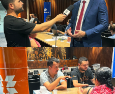 Imagem em formato de colagem entre duas fotos, a primeira, na parte de cima, uma foto de ângulo aberto mostrando o Defensor Público-Geral do Estado do Paraná, Matheus Munhoz, sendo entrevistado. Na foto de baixo, mostra dois servidores públicos conversando com uma usuária da Defensoria Pública e ao lado deles, uma pilastra contendo a logo da COPEL.