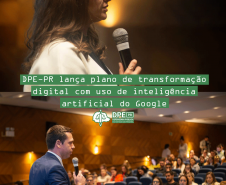 Imagem com uma foto da palestrante do Google e do defensor Público-geral durante palestra do Google. Sobre as imagens,  o título da matéria.