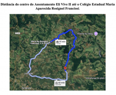 Imagem que mostra a distância do assentamento até o Colégio Estadual Maria Aparecida Rosignol Franciosi.