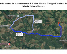 Imagem que mostra a distância do assentamento até o Colégio Estadual Maria Helena Davatz.