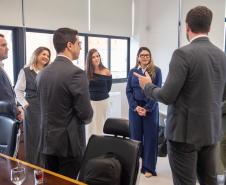 Imagem horizontal colorida em que se vê representantes das Defensorias Públicas do Paraná e do Pará em reunião na DPE-PR.