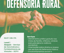 Cartaz onde se vê um aperto de mãos em close e as informações da primeira edição do projeto Defensoria Rural em Castro. 