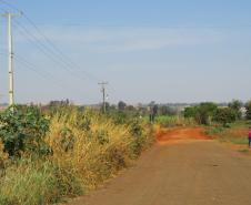 A imagem retrata uma paisagem rural com uma estrada de terra vermelha que se estende ao horizonte. A lateral da estrada é coberta por vegetação alta e seca, e há postes de energia elétrica. Ao fundo, uma extensa área de campo e árvores sob um céu claro.