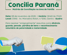 Imagem artística com um fundo bege texturizado e formas gráficas em tons de verde e azul, que anuncia o evento "Concilia Paraná". A imagem central mostra duas mãos estilizadas segurando balões de diálogo vazios. Abaixo, o cartaz informa que é um mutirão de conciliação familiar em Guaíra, realizado pela Defensoria Pública do Paraná e pelo município.