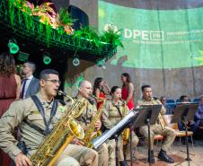 Quarteto de Sopro da banda da Polícia Miliar tocam no início da cerimônia. 