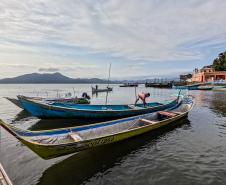 Imagem mostra canoas atracadas no pier, ao fundo um pescador prepara o barco para partir. 