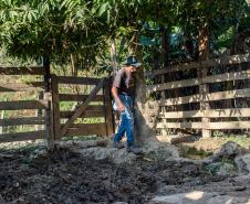 Agricultor passa por cerca de madeira para acessar área das criações.