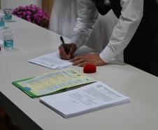 Foco nas mãos de uma pessoa de camisa branca e colete escuro assinando documentos sobre uma mesa clara. Próximo às mãos, há certidões de casamento com brasão oficial, caixinhas vermelhas para alianças e copos de água.