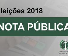 A imagem consiste dos dizeres: Eleições 2018, em preto alinhado ao lado direito da imagem e centralizado, e nota pública abaixo, em branco com uma faixa verde em volta.
O fundo da imagem é branco, mas é possível ver uma urna eletrônica por meio de degrade. A logo da DPPR se encontra no canto inferior direito.