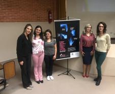 Coordenadora do NUDEM, Dra. Eliana Lopes, acompanhada de Julyane Theo Sierpinski de Souza, coordenadora da rede de proteção e Renata Schotten, da rede de proteção, Zéila Plath, secretaria municipal do desenvolvimento social, Katiuscia Zini, coordenadora da Rede de Campo Largo