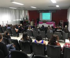 Imagem tirada durante a palestra do funda da sala. Vemos as costas dos ouvintes e a palestrante a frente. 