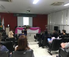 Imagem também tirada durante a palestra do funda da sala. Vemos as costas dos ouvintes e a palestrante a frente. 