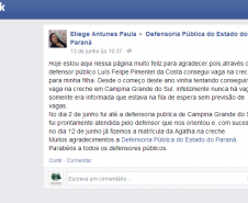 A mãe da criança, Eliege Antunes Paula, fez questão de registrar seu agradecimento na página da DPPR no Facebook.