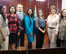 A promotora de Justiça Mariana Bazzo, a deputada Claudia Pereira, o defensor público Eduardo Pião Ortiz Abraão, a deputada Cantora Mara Lima, a defensora pública Natália Marcondes Stephane e Terezinha Ramos, coordenadora de políticas para mulheres da Secretaria do Trabalho e Desenvolvimento Social.