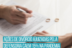 Foto mostra as mãos de duas pessoas sobre um papel, e duas alianças ao fundo. No texto se lê: "Ações de divórcio ajuizadas pela Defensoria caem 15% na pandemia"