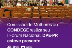 A imagem mostra um auditório com várias mulheres reunidas atrás de cadeiras, em frente a um palco. Na imagem se lê: Comissão de Mulheres do CONDEGE realiza seu  I Fórum Nacional. DPE-PR esteve presente. 