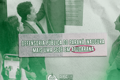  Imagem do Defensor Público-Geral, André Giamberardino, descerrando a placa de inaguração da sede da Defensoria em Apucarana, no Paraná. Ao centro, o título da matéria "Defensoria Pública do Paraná inaugura mais uma sede em Apucarana". Abaixo, o logo da Defensoria.