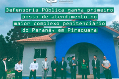 Imagem com foto do novo posto de atendimento da DPE-PR, com representantes de instituições do Poder Público.