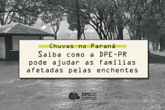 A imagem em preto e branco mostra uma rua alagada devido às fortes chuvas. A água toma conta do espaço, cobrindo parte do meio-fio e avançando sobre a calçada. No fundo, há árvores de galhos longos e um pequeno quiosque com telhado de telhas, parcialmente cercado pela enchente. O céu está encoberto, reforçando a sensação de um dia chuvoso. No centro da imagem, sobre uma faixa clara em destaque, há um texto informativo com o título da matéria.