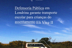 Imagem que mostra uma van escolar em meio à zona rural. Ela está estacionada ao lado de um campo com mato verde e flores amarelas. O chão é de terra vermelha, característica da região, e o céu está bem azul, com pequenas nuvens brancas. É possível ler o título da matéria sobre a imagem.