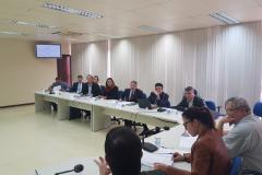 Mesa da Comissão de Mediação de Conflitos Fundiários do Governo do Estado com os representantes sentados em sua volta.