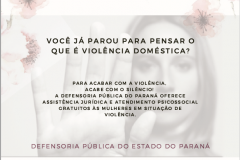 A imagem consiste do cartaz de divulgação das atividades do Núcleo. Possui um fundo claro e em seu centro temos a imagem de uma mulher com a mão estendida, fazendo um sinal de pare. 
