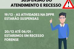 A imagem consiste de uma arte com fundo verde eum boneco de um homem no lado direito. O homem veste roupa social, óculos e é moreno. Esse também está com o dedo indicador da sua mão esquerda apontado pra cima. A imagem é preenchida com as informações sobre a suspensão do expediente e o recesso e uma placa de atenção triangular com uma ponto de interrogação no meio e borda vermelha - semelhante a uma placa de trânsito.