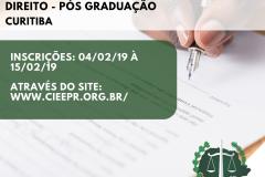 Na imagem vemos uma mão segurando uma caneta muito próxima a uma folha de papel, como se estivesse prestes a escrever algo. No canto superior esquerdo lê: ESTÁGIO Direito - Pós Graduação Curitiba. Abaixo temos a seguinte descrição:"Inscrições: "04/02/2019 à 15/02/2019", "Através do site: www.cieepr.org.br/". No canto inferior direito vemos a logo da DPPR.
