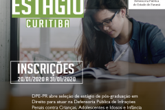 A Defensoria Pública do Estado do Paraná está com vaga de estágio disponível para estudantes de pós-graduação em direito, para atuar na Defensoria Pública de Infrações Penais contra Crianças, Adolescentes e Idosos e Infância e Juventude de Curitiba.