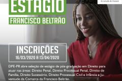 A Defensoria Pública do Estado do Paraná está com vaga de estágio de Pós-Graduação disponível para estudantes graduados em direito, para atuar na Defensoria Pública do Estado do Paraná de Francisco Beltrão. 