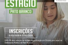 A Defensoria Pública do Estado do Paraná está com vagas de estágio disponíveis para estudantes de graduação em direito, para atuar na Defensoria Pública de Pato Branco. Para se inscrever, é necessário estar devidamente matriculada(o) a partir do 5° período do curso.