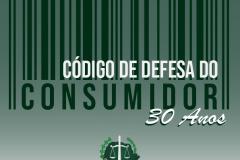 #LegendaAcessível: A imagem mostra o código de barras com o texto “Código de Defesa do Consumidor - 30 anos".
No rodapé a logo da DPE-PR.