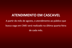 A Defensoria Pública do Estado do Paraná informa que, considerando a grande demanda por atendimento em relação a procedimentos administrativos e judiciais para a concessão de vaga em Centro Municipal de Educação Infantil (CMEI), a partir do mês de agosto, atenderá ao público que busca vaga em CMEI na última quarta-feira de cada mês. 