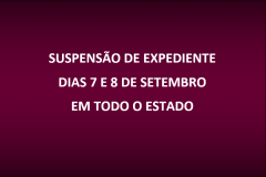 Estará suspenso o expediente em todas as sedes da Defensoria Pública do Estado do Paraná nos dias 7 e 8 de setembro (Feriado em comemoração ao dia da Independência do Brasil e recesso), conforme Resolução DPG Nº 039/2017 e Decreto Judiciário Nº 694/2017.