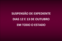 Estará suspenso o expediente em todas as sedes da Defensoria Pública do Estado do Paraná nos dias 12 e 13 de outubro (Feriado em comemoração ao dia da Padroeira do Brasil e recesso), conforme Resolução DPG Nº 042/2017.