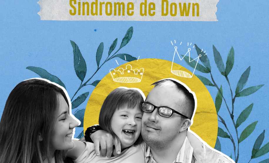 A imagem mostra três pessoas - uma criança e um homem com Síndrome de Down se abraçam, e a criança é segurada por uma mulher que não possui a Síndrome