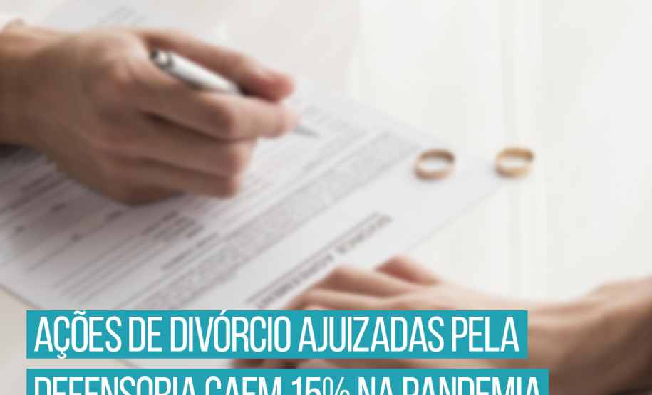 Foto mostra as mãos de duas pessoas sobre um papel, e duas alianças ao fundo. No texto se lê: "Ações de divórcio ajuizadas pela Defensoria caem 15% na pandemia"