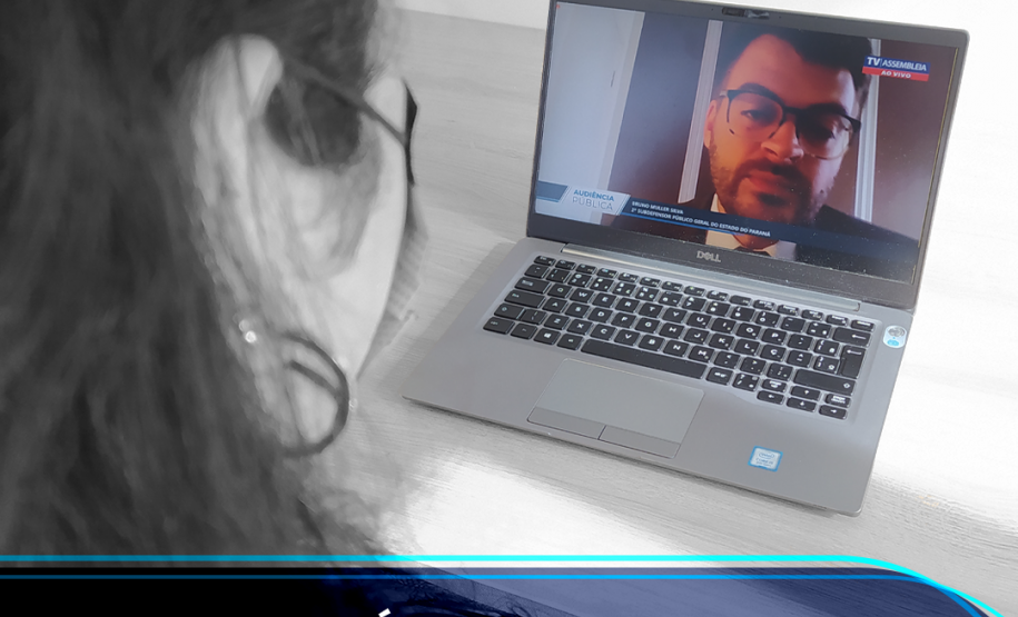 Imagem mostra uma mulher olhando para a tela de um computador, em que um homem está falando. No título da manchete, lê-se: Defensoria Pública participa de audiência pública sobre ampliação dos quadros da instituição"